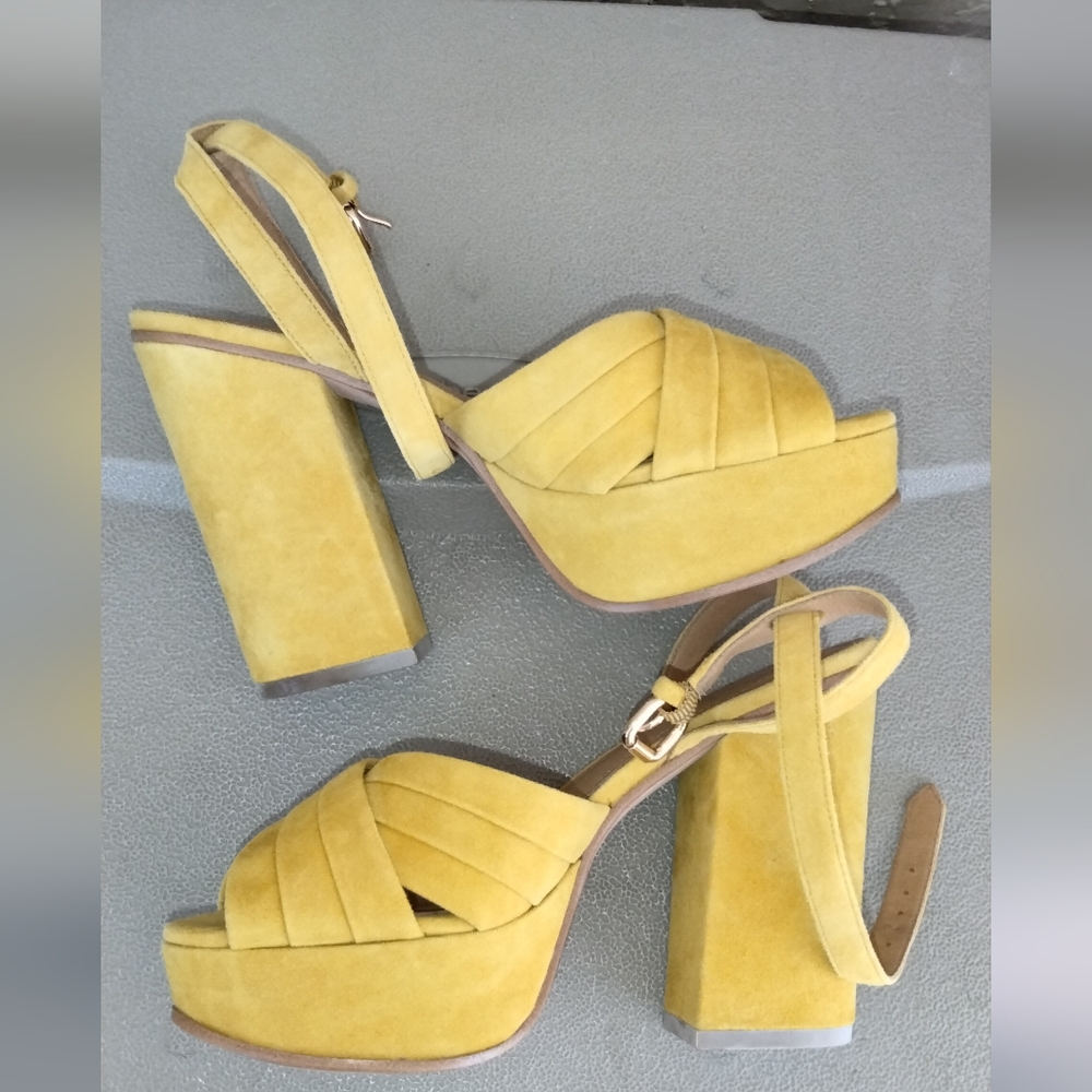 COACH Mustard Suede Crisscross Platform Sandals - Picture 3 of 4